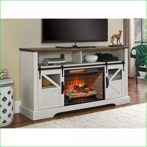 Electric Fireplace Farmhouse Entertainment Center for TVs Up to 70"" Jasmine White | Insert | Wood Stainless Steel Glass