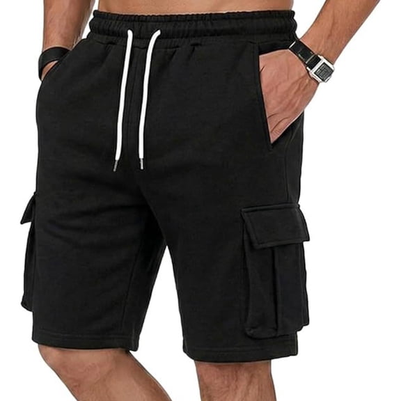 TKKCS Mens Cotton Cargo Shorts- Casual Loose Fit Summer Outdoor Elastic Wasit Breathable Drawstring Shorts With Multi Pockets Black Size XL
