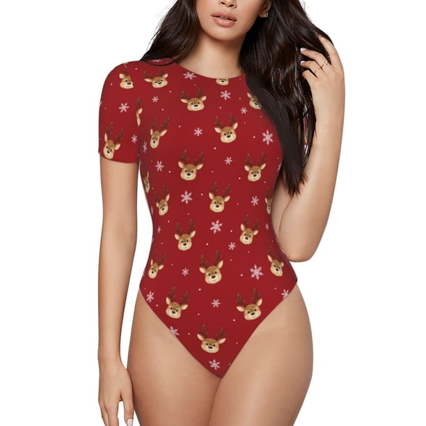 Balery Christmas Deer B Body de cuello redondo de manga corta para mujer Tops de manga corta Tops básicos-Large