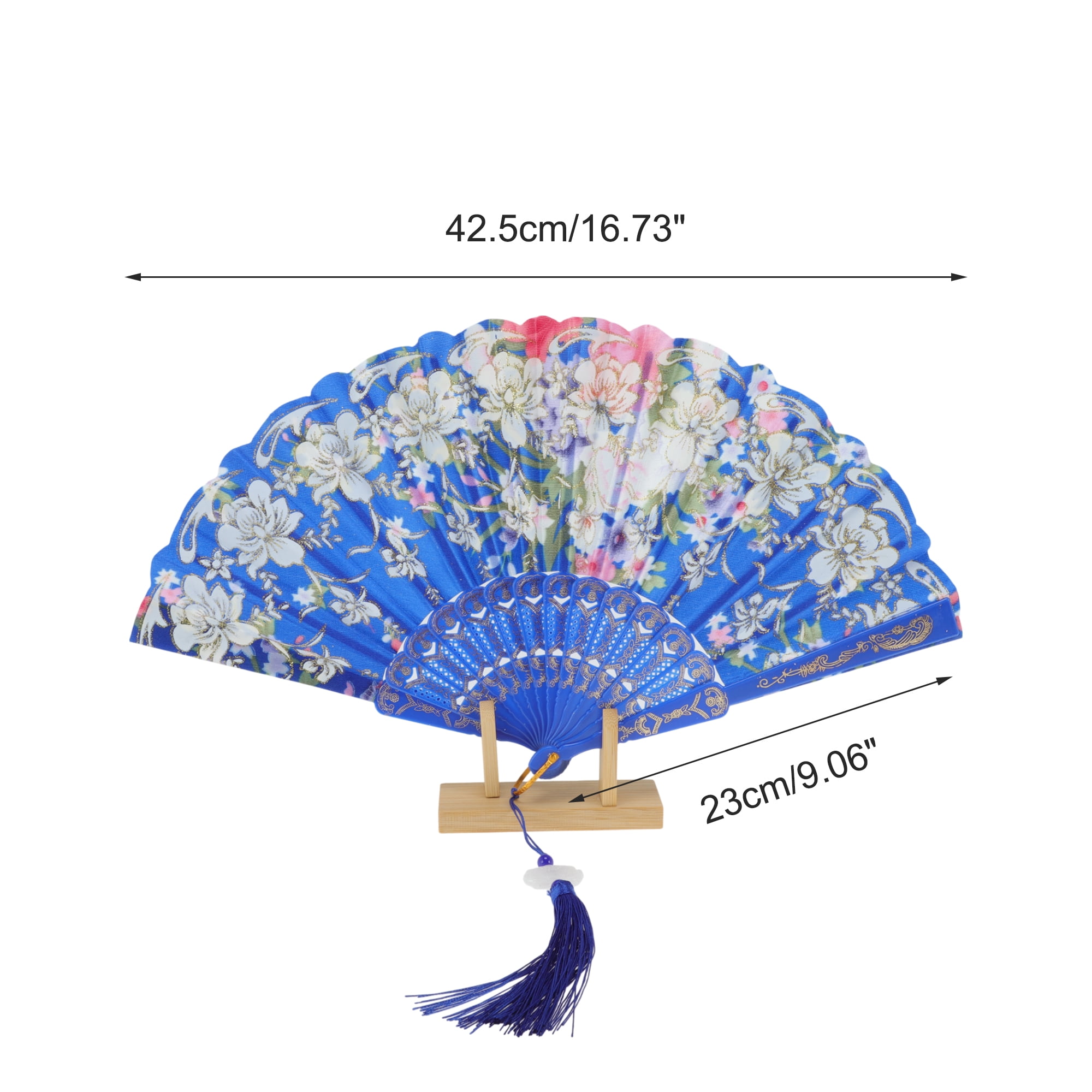 Unique Bargains Floral With Tassel Folding Fan 1Pc Blue