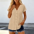 thumbnail image 2 of YUGYXL Womens Summer Tops Short Sleeve Button Down Shirts Casual V Neck T Shirts Pleated Front Loose Fit Tops for Daily Khaki L, 2 of 7