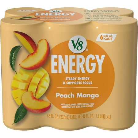 V8 Energy Peach Mango Energy Drink, 8 fl oz Can, 6 pack