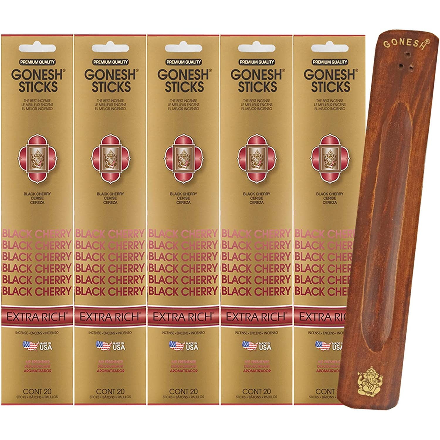 Gonesh Incense Sticks Extra Rich Collection - Black Cherry 5 Packs (100 Total) with Incense Holder