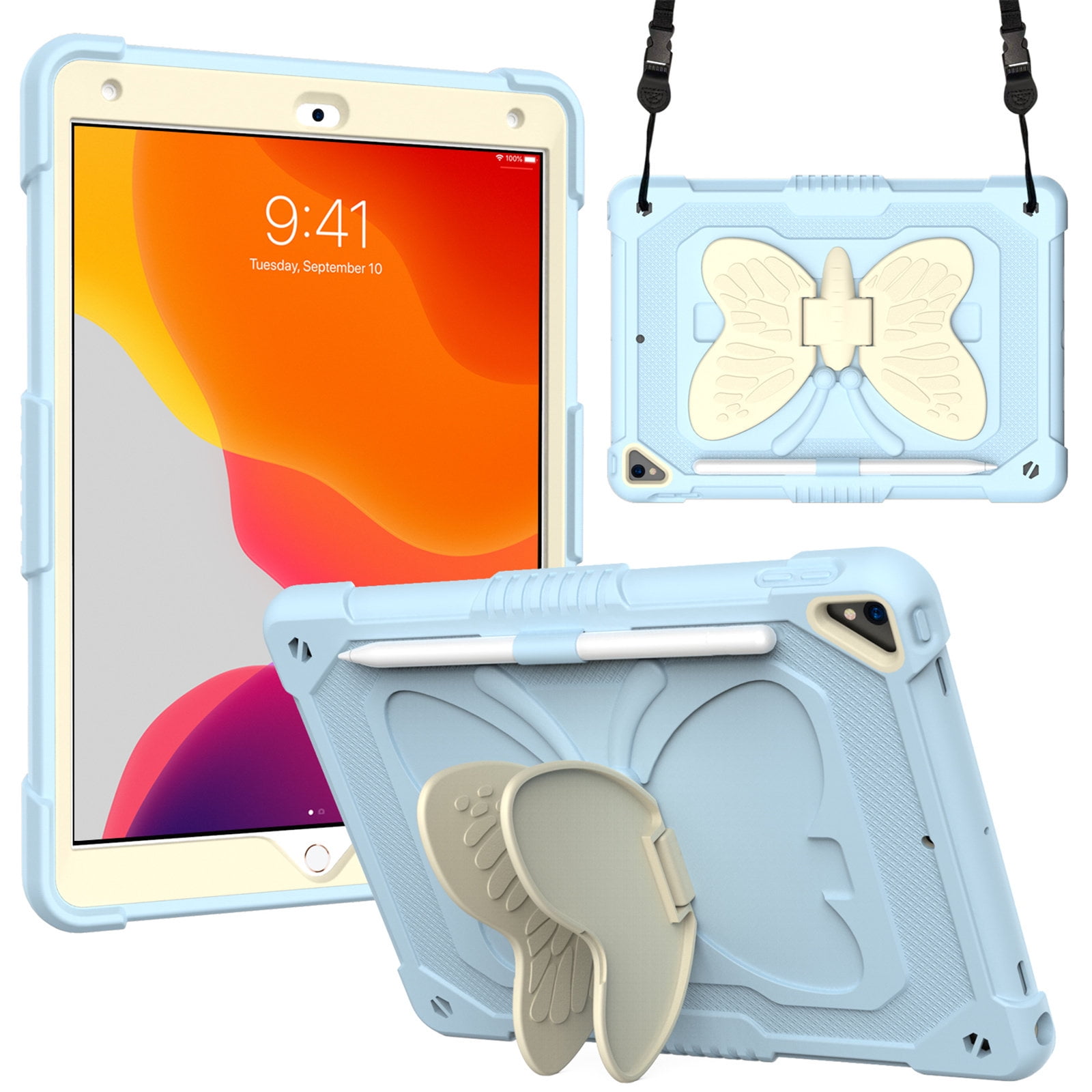 Case for iPad Pro 10.5 inch / iPad Air 3rd Generation 2019 with Butterfly Stand, Shockproof Protective Tablet Cover with Pencil Holder Shoulder Strap for Kids Girls, Beige Blue