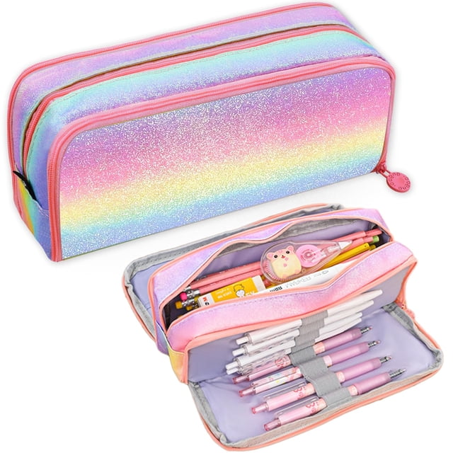 Estuche para lápices BETURETOP Glitter Rainbow para niñas con 3 compartimentos