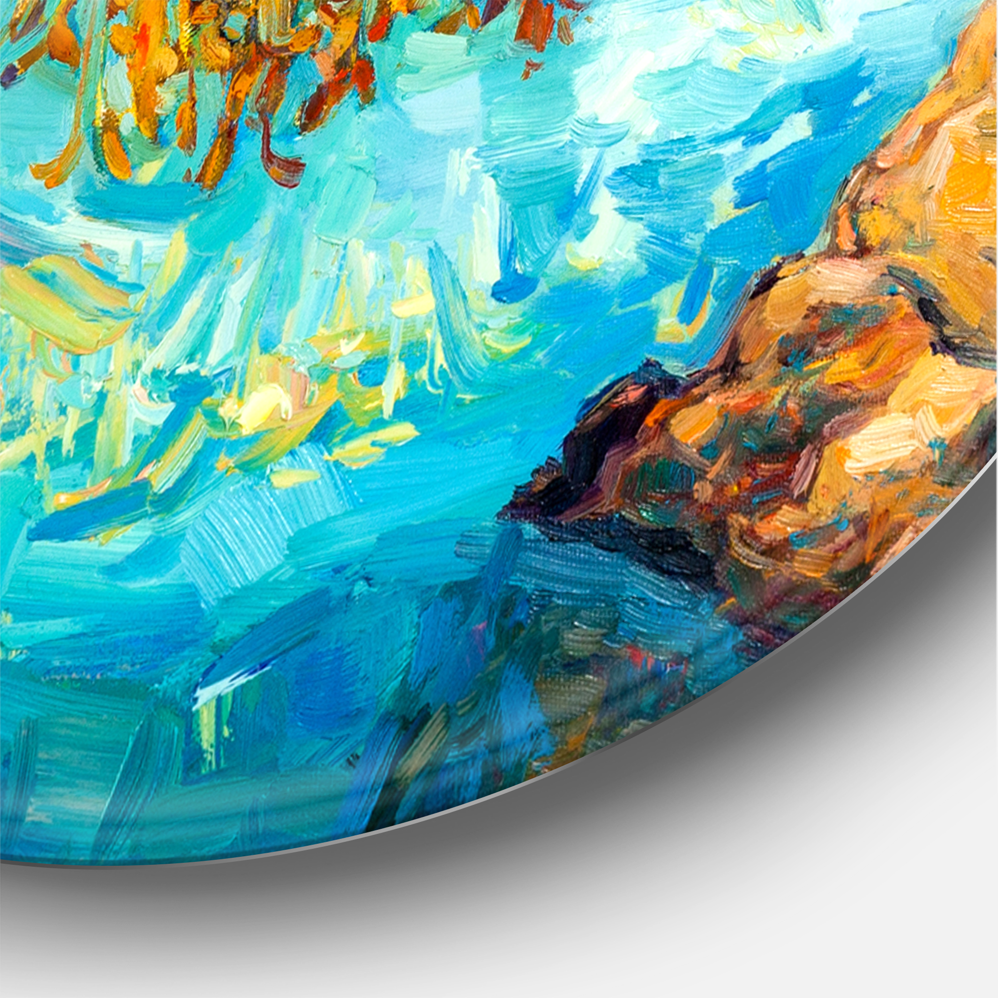 Designart 'Orange Trees With Turquoise Lake During Sunset' Nautical & Coastal Circle Metal Wall Art 29x29 - Disc of 29