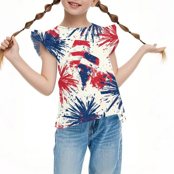 WTOBBY Children's Casual Short Sleeve Pleated Cute Floral Print Round Neck Top for Girls - Perfect for Independence Day and Summer Fun,Beige 110