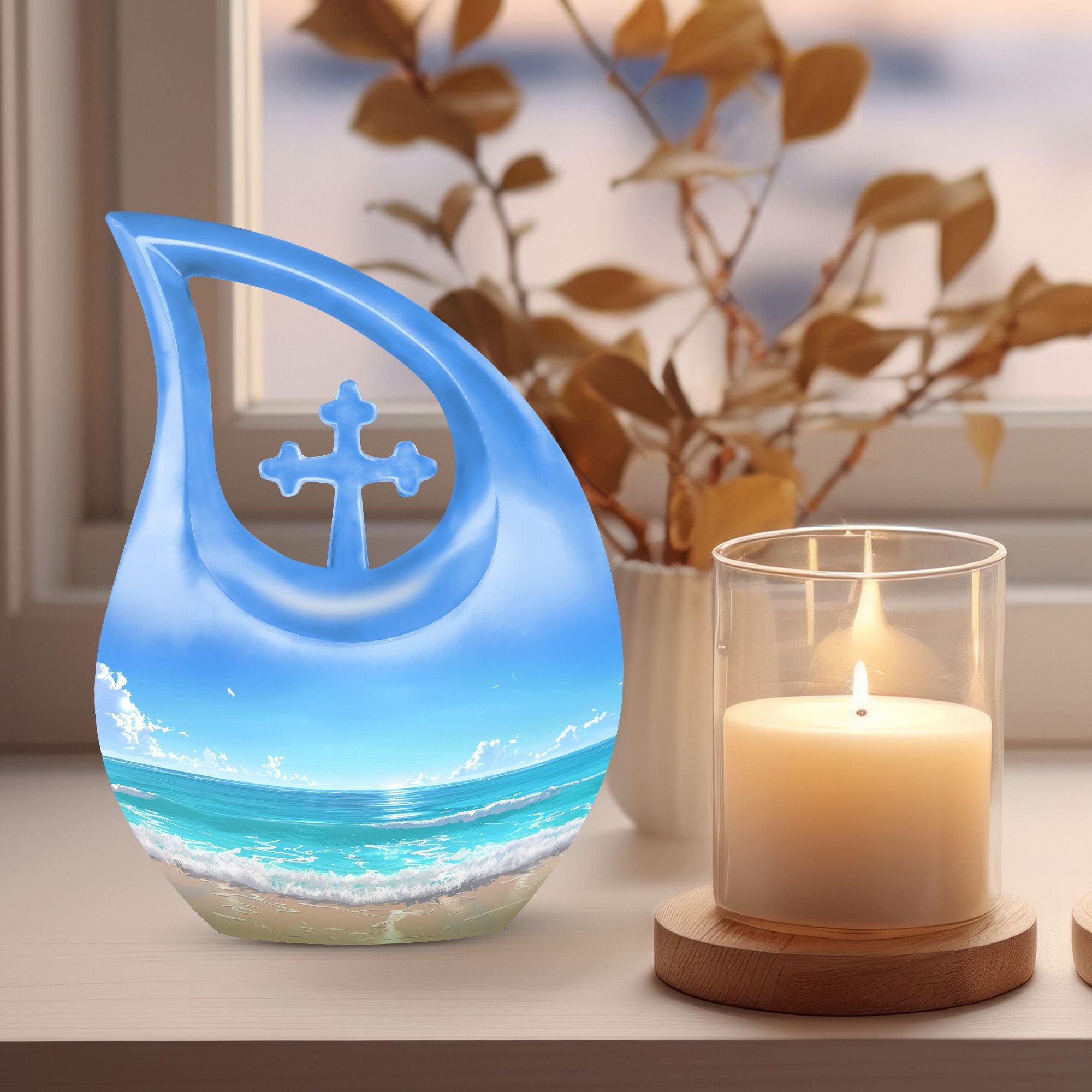 MUKTIVE Beach Memorial Urns for Adult Male, Funeral Urn for Ashes for Women, Combo Sets Blue Cremation Urn for Brother & Sister, Burial Urns for Human Ashes Adult Man,(1 Large 10 ", 4 Keepsake 3 ")