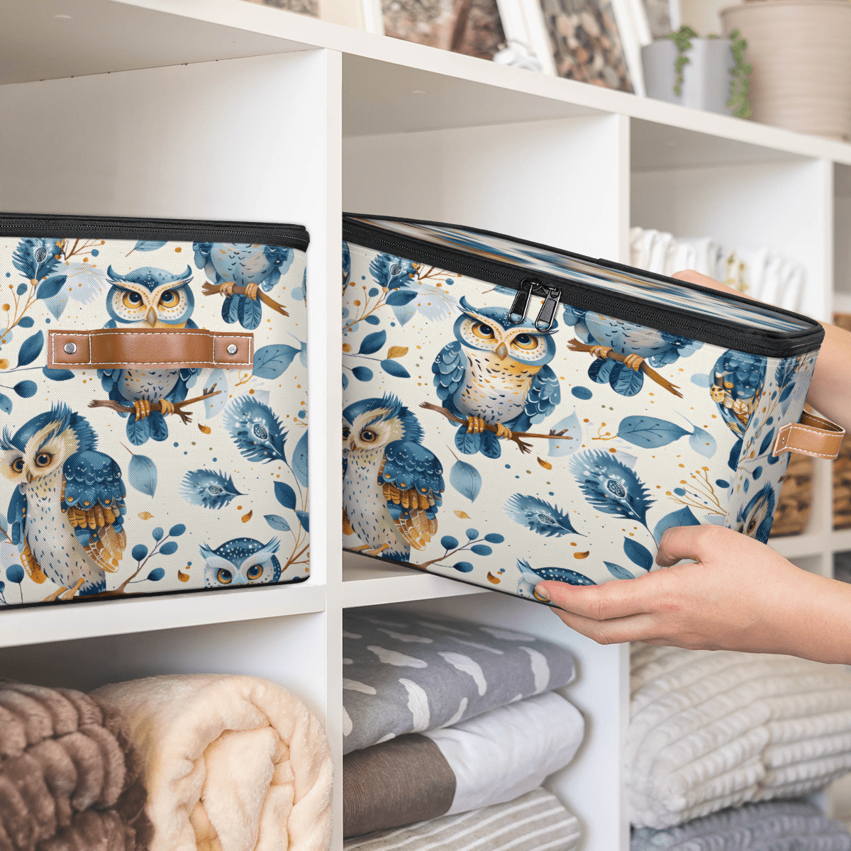 ADECORIVY Cute Owl Storage Bin with Lid Fabric Leaves Blue Foldable Storage Baskets Boxes for Clothes Shelves Closet Organizer Containers with Leather Handles for Wardrobe