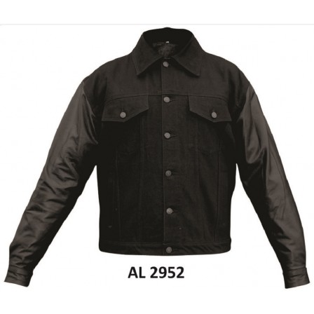 motorcycle denim jacket with leather sleeves