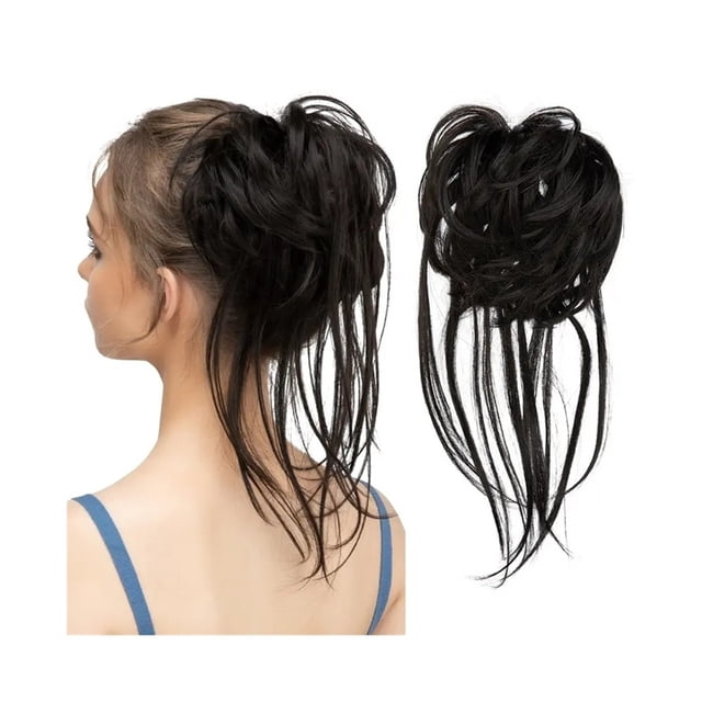 Chignon en Désordre Pièce de Cheveux Ondulée Extensions de Chignon avec Queues Droites Queue de Cheval Synthétique