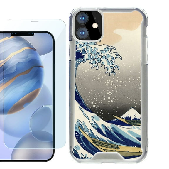 For Apple iPhone 12 Case, iPhone 12 Pro Case, Hybrid Bumper Phone case, with Tempered Glass Screen Protector, by OneToughShield ® - Great Wave