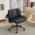 thumbnail image 4 of HUJHKIO Cross Legged Office Chair with Flip-Up Arms, Wide Swivel Chair, 360° Rolling Ergonomic Desk Chair, Adjustable Comfy Leather Seat for Home Office, Vanity & Study, Supports 300 lbs, Black, 4 of 9