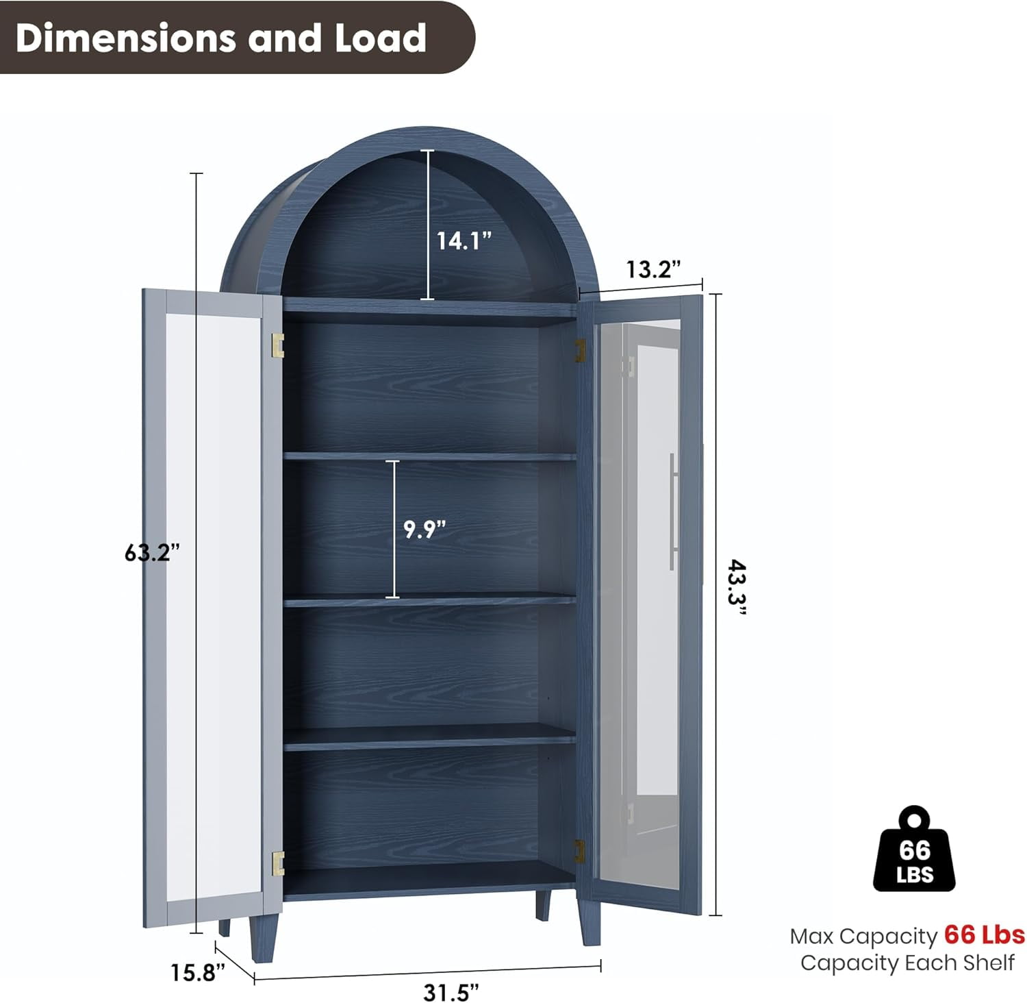 Memoryfield Farmhouse 5 Tier Bookcase Display Shelf, with Adjustable Shelf and 2 Large Glass Doors, Arched Kitchen Pantry Cabinet, Versatile Storage Cupboard, Night Blue