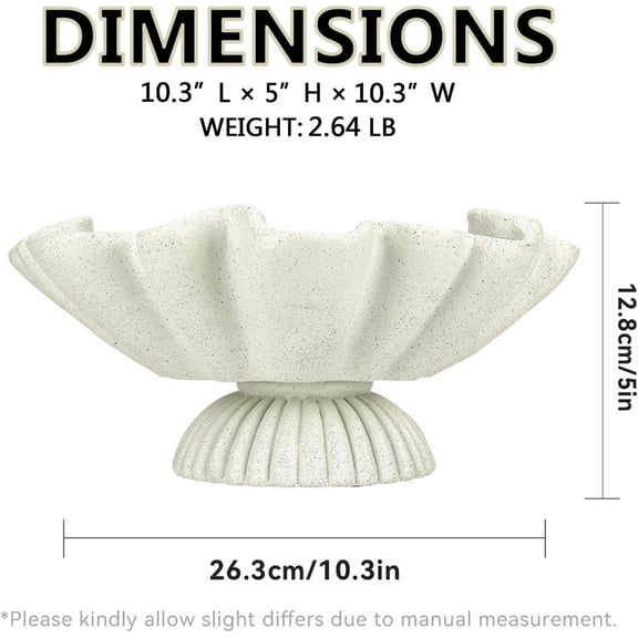 Large Decorative Pedestal Bowl - 10.3" Off-White Resin Scalloped Fruit Bowl for Coastal Home Decor