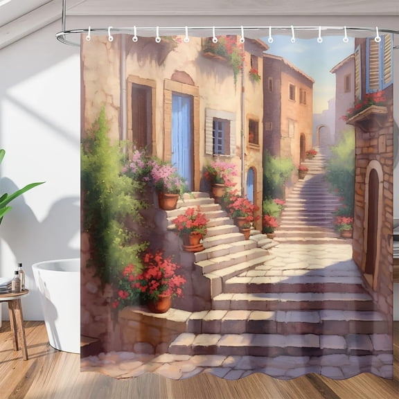 Rustic Street Shower Curtain, Waterproof Fabric Shower Curtain, Washable Polyester Bath Curtain for Bathroom Decor 36"W X 72"H