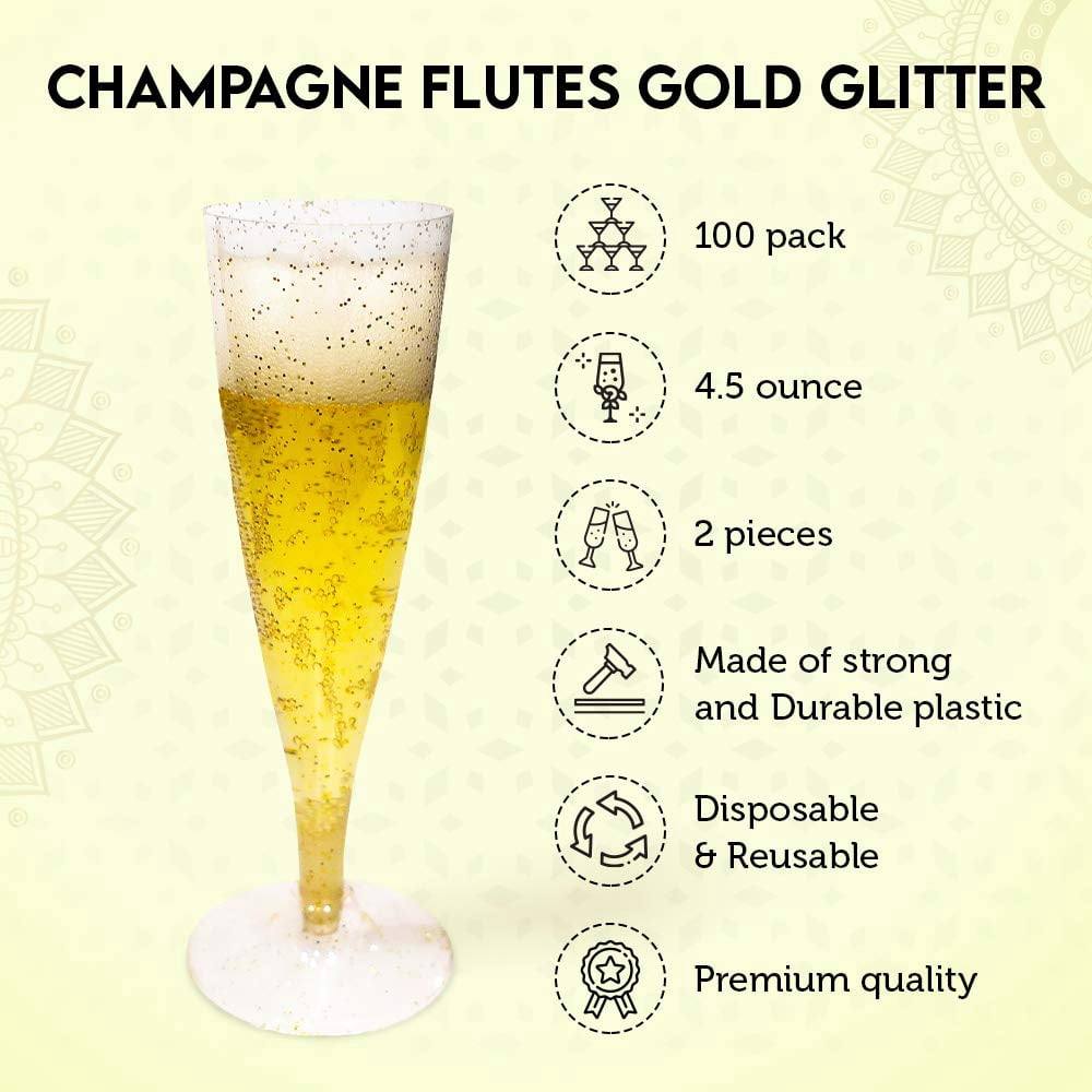Oasis Creations Plastic Champagne Flute Glasses Set (100 count) 4.5 ounce - Gold Glitter Stem Cups- 2 Pieces- Ideal for Birthday Party, Wedding Reception, Office Parties, and other Celebrations!