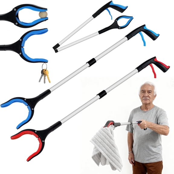 AGCAN 2 Pack Grabber Reacher Tool, 32” Extra Long Foldable Reacher Grabber Pickup Tool with 360° Rotating Jaw & Magnetic Tip, Lightweight Trash Picker Upper Grabber for Seniors (Blue Red)