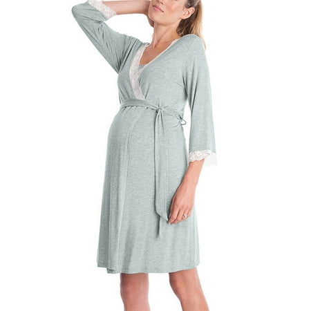 

Fashion Women Lace Stitching Seven Sleeve Maternity Casual Dress Gown Pajamas