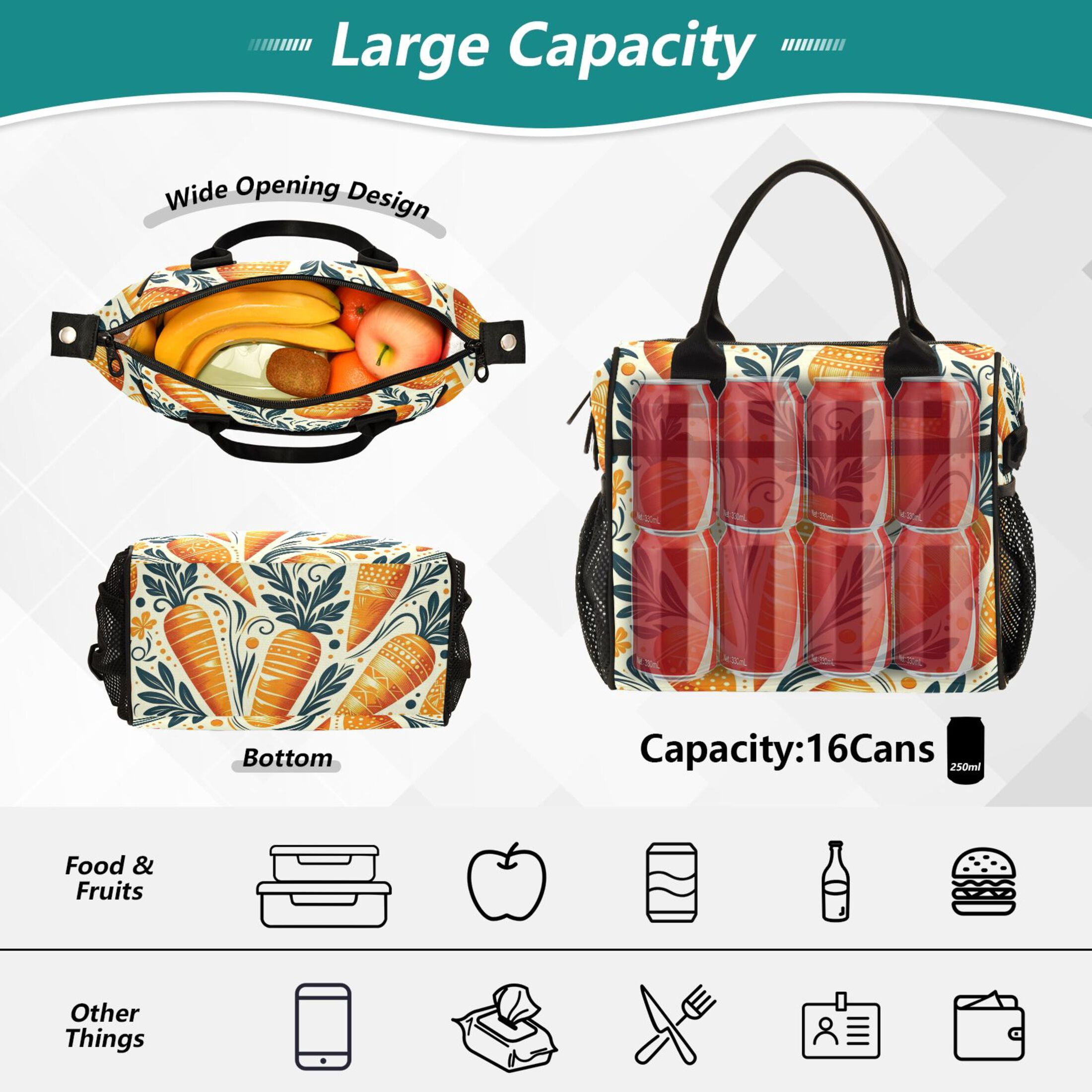 Lunch Bag Insulated Lunch Box Leakproof Reusable Cooler Tote Adjustable Shoulder Strap for Men Women Carrots with Leave and Dots 12L