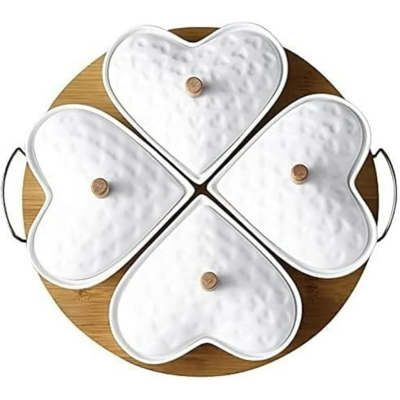 NUISISA Rotating Nut Serving Platter with Lid, 5-Section Ceramic Divided Snack Tray, Bamboo Base, Dry Fruit & Appetizer Dish, Perfect for Parties, Gatherings, and Family Use