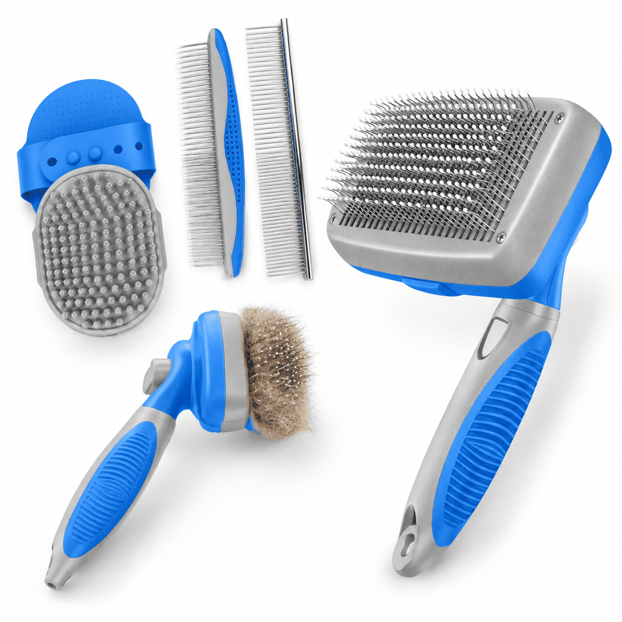Blue-Grey 5-in-1 Professional Pet Brush Kit for Dogs Cats and Puppies