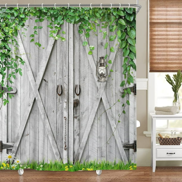 Vintage Rustic Wooden Barn Door Shower Curtain, Green Leaves on Farmhouse Country Wood Board