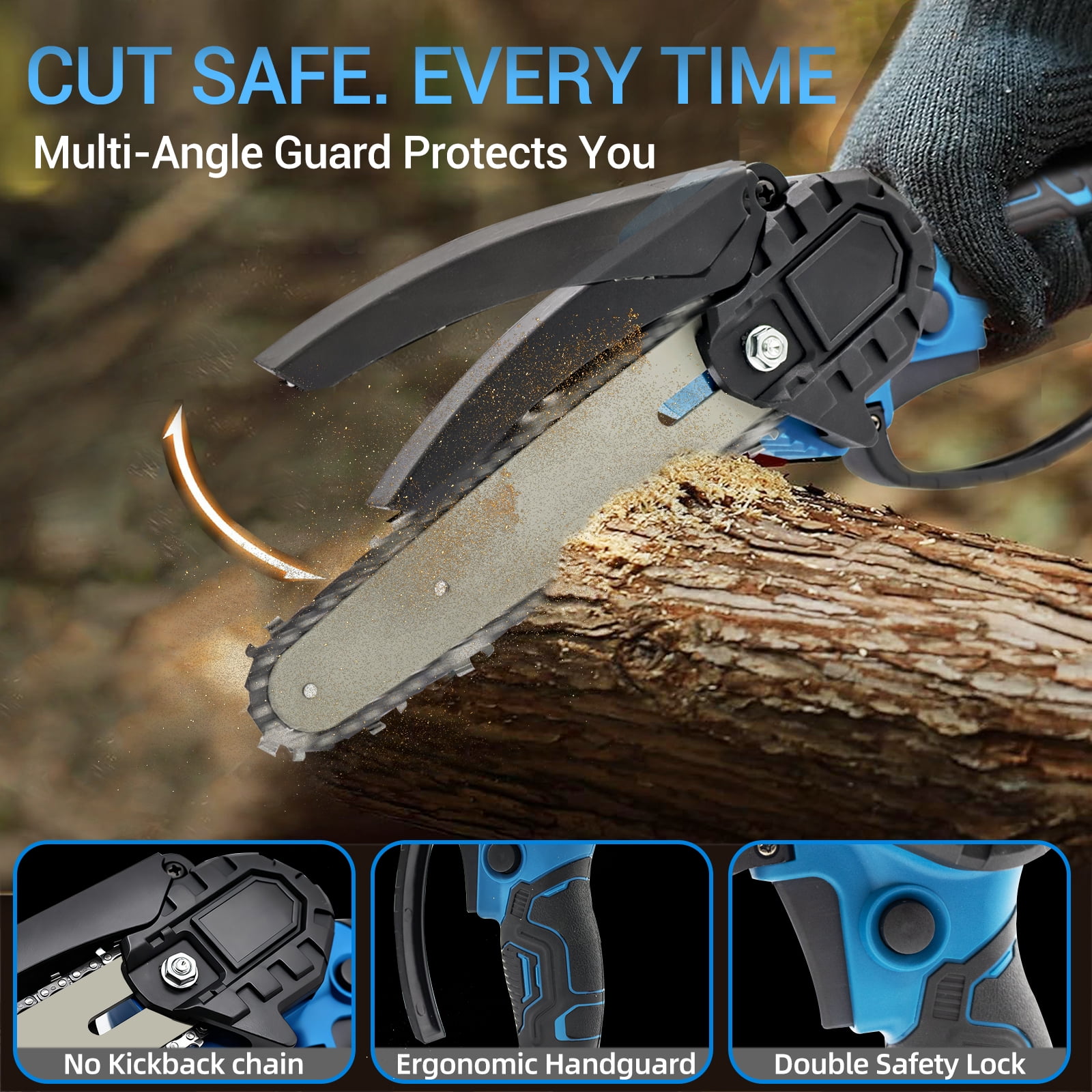 LOVFEN  Mini Chainsaw Cordless 6 inch with 2 Battery, Mini Power Chain Saw with Security Lock, Electric Chainsaw, Handheld Small Chainsaw for Tree Trimming Wood Cutting, Orange