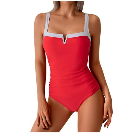UTSJKR Savings One Piece Swimsuit Ruched Monokini Swimwear for Women Tummy Control Cover Belly Adjustable Straps Bathing Suits Red L