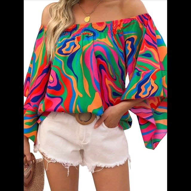Blusas Coloridas con Hombros Descubiertos para Mujer, Estilo Bohemio, Informal, Elegante, con Volantes, 3/4 y Cuello Asimétrico. Rojo y Verde M