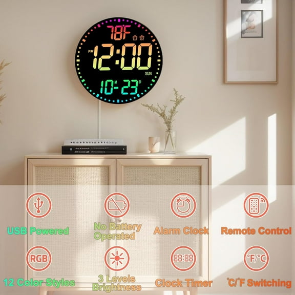 Large 12" RGB Color Changing Digital Wall Clock with Remote Control | LED Display Plug-in Clock with 3 Brightness Levels & Temperature Display