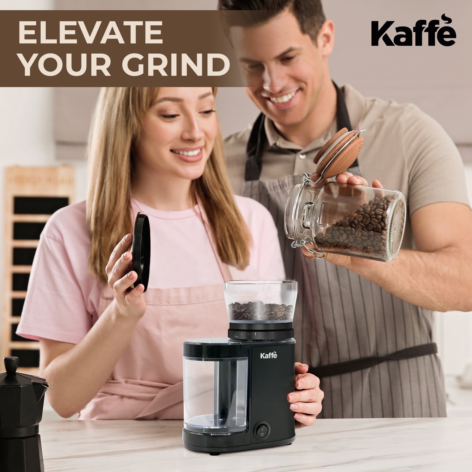 Kaffe Electric Burr Coffee Grinder (5.5oz) w/ Adjustable Coarseness Settings - Flat Burr - [New Upgraded Motor ] - Precision Coffee Bean Grinder for Home Use - Black