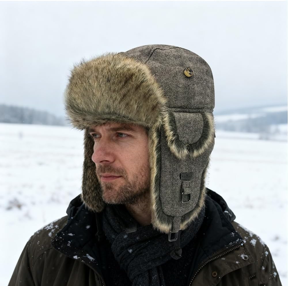 Fur Winter Trapper Hat,Wool Faux Fur Aviator Ski Trapper Trooper Pilot Snow Eskimo Hat with Ear Flaps for Men & Women