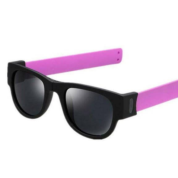 Penkiiy Folding Sunglasses with Slap Bracelet Arms - Blue Lenses - Folds in Half at The Bridge and Snaps to Your Wrist or Bag Hot Pink