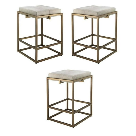 Home Square Modern Steel Metal Hide Counter Stool in Antique Brass - Set of 3