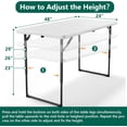 thumbnail image 4 of Heavy Duty 4ft Fold-in-Half Adjustable Height Plastic Utility Table with Steel Legs for Indoor Outdoor Picnic Camping Dining Party White, 4 of 10