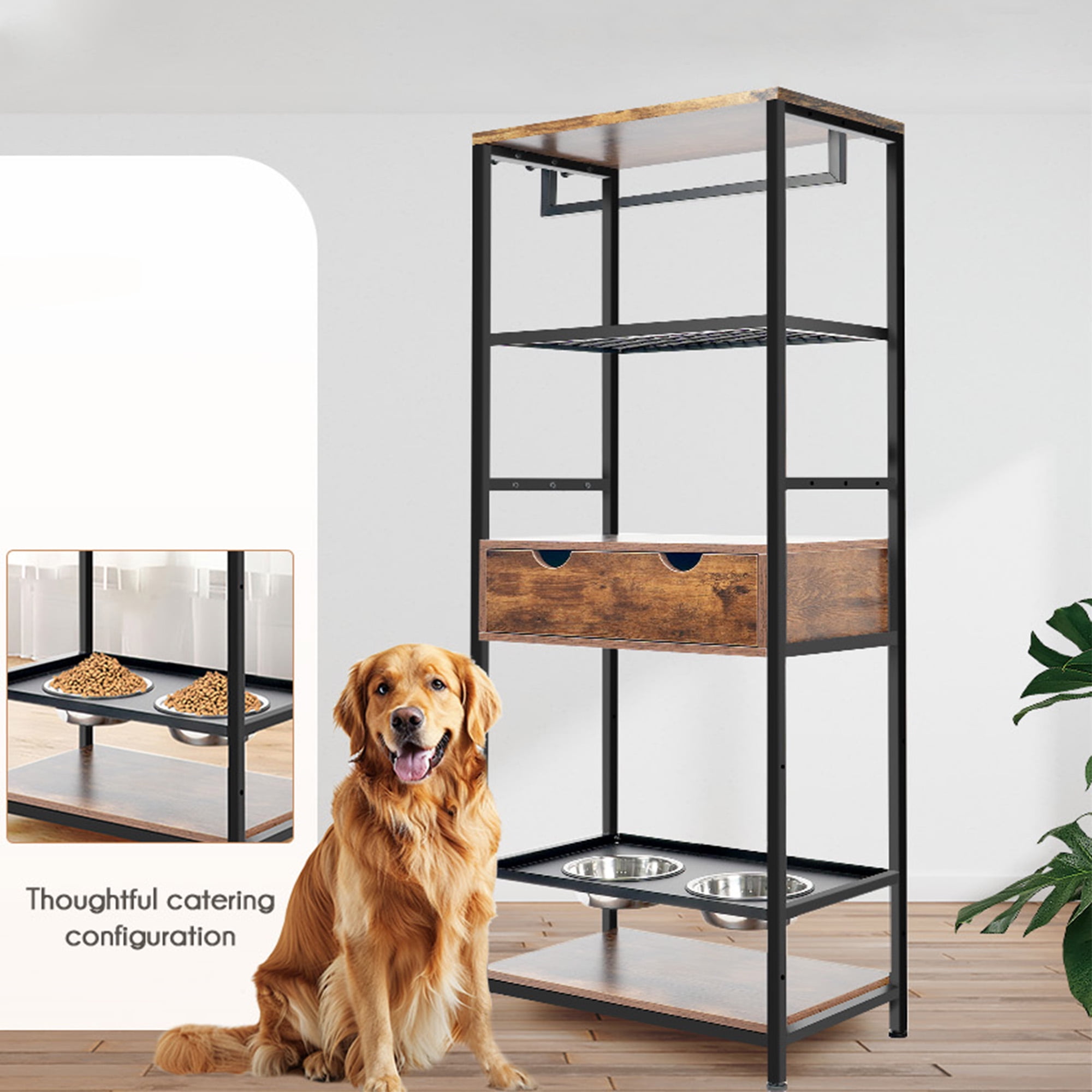 Pefilos 62" Dog Feeding Station, 3 Height Adjustable Raised Dog Bowls Stand, Dog Feeder Station for Large Medium Dogs Cats, Dog Storage with Shelves, Brown