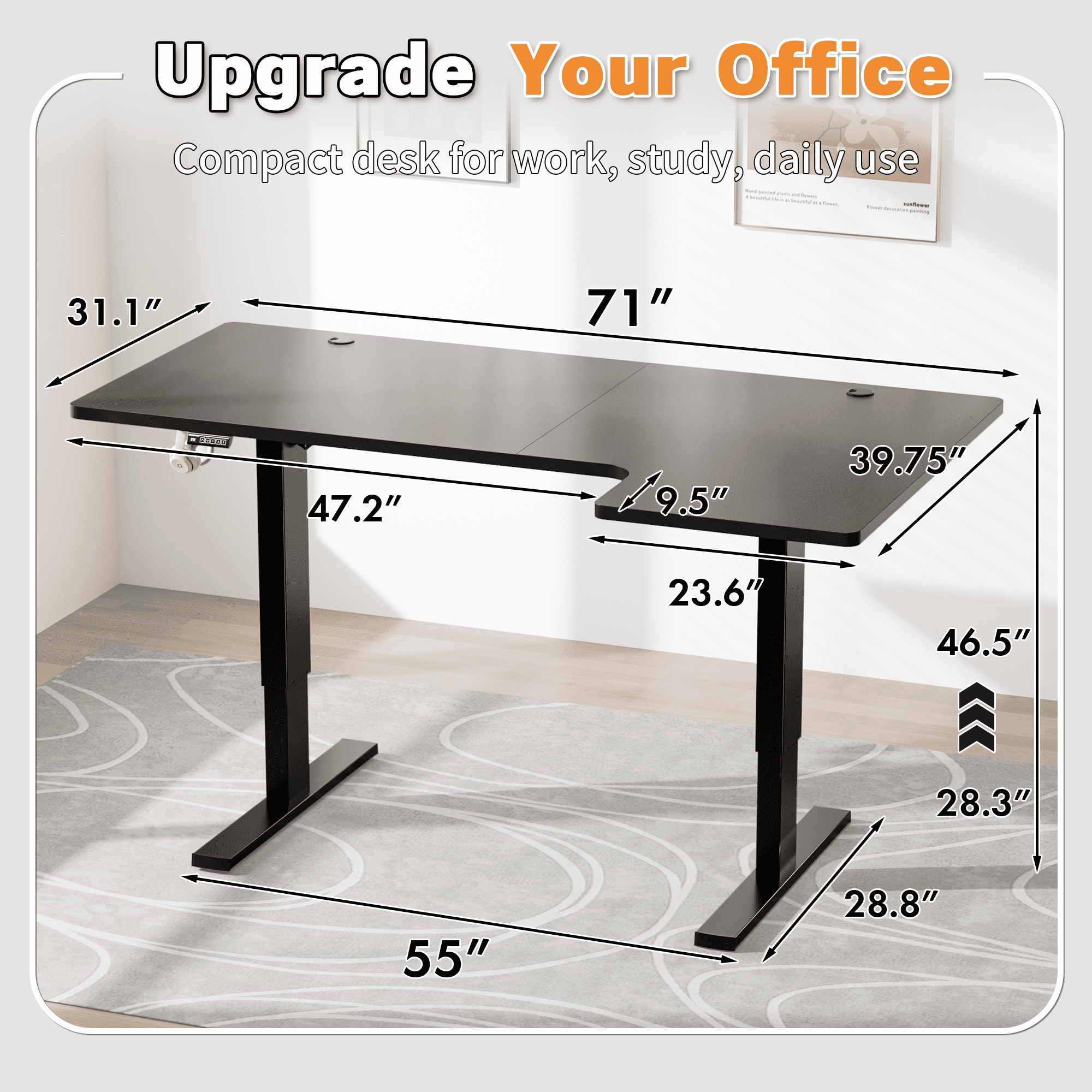 Bashaw 71 Inch Electric L Shaped Standing Desk, Height Adjustable Standing Corner Desk with 3 Memory Presets, Ergonomic Workstation Office Desk for Home/Office