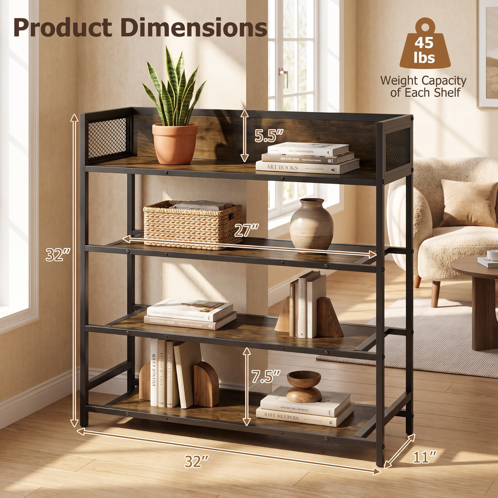 Furnibear 4 Tier Industrial Shoe Rack Organizer with Heavy Duty Metal Frame and Anti Toppling Kit for Entryway Hallway and Closet, Rustic Brown
