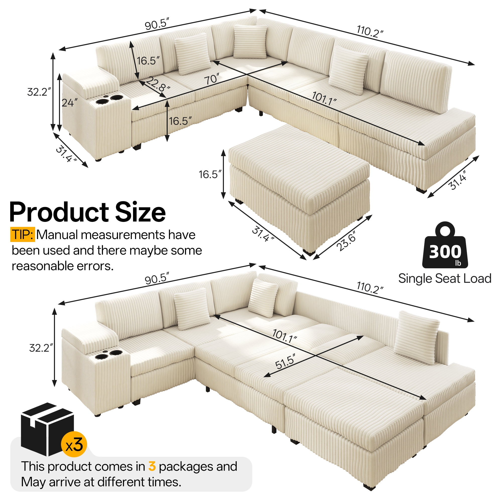 ShiKeyi 110" L Shaped Sectional Sofa Set, Convertible Sleeper Sofa with Pull Out Bed, Corduroy Fabric Sleeper Sofa with Ottoman, Hidden Armrest Storage, Cup Holders & USB Charging Ports, Beige