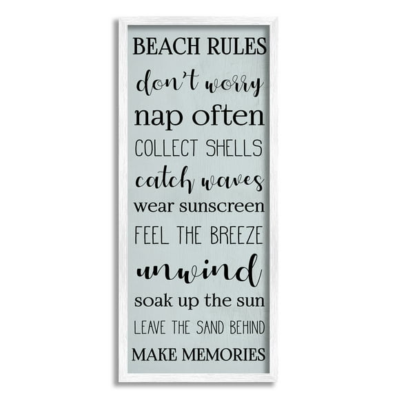 Stupell Industries Beach Rules Sign Coastal Relaxation List Blue Modern Painting White Framed Art Print Wall Art, 13 x 30, Design by Daphne Polselli