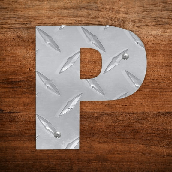 Deco Gables Designs Letter P Hanging Metal Wall Decor Durable Polished Aluminum Diamond Tread Pattern for Home Living Room Bedroom Garage Basement Indoor Outdoor with Mounting Hardware 4 Inches Tall
