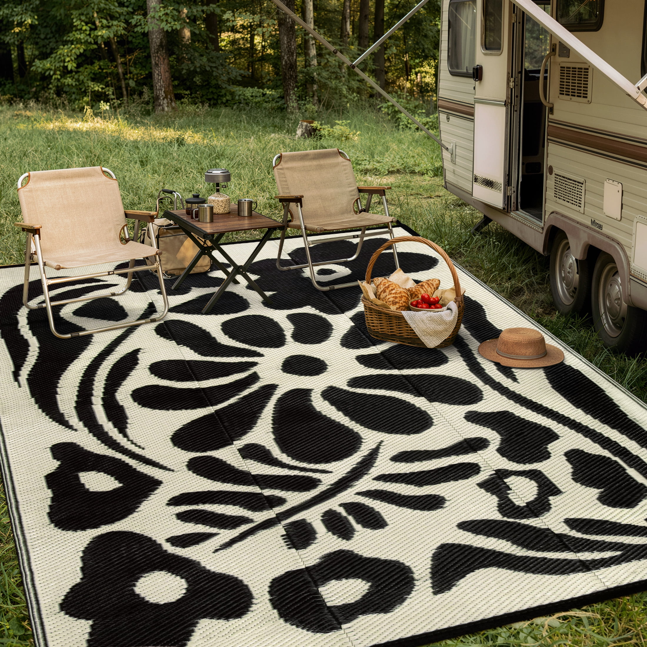 Moynesa 8'x10' Outdoor Rugs Waterproof, Plastic Straw RV Rugs for Outside, Large Portable RV Outdoor Rugs for Camping, Reversible Flower Picnic Mat for Camper Garden Tent