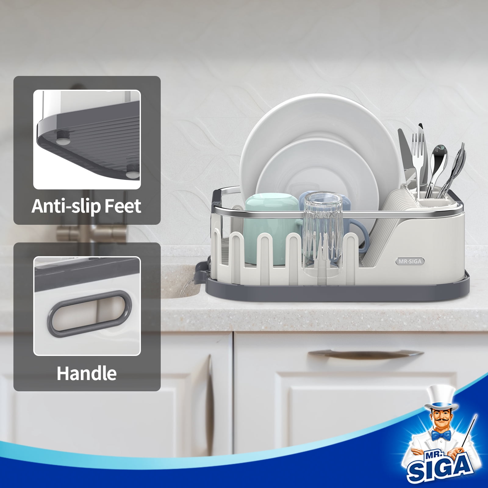 MR.Siga Dish Drying Rack for Kitchen Counter, Compact Dish Drainer with Drainboard, White