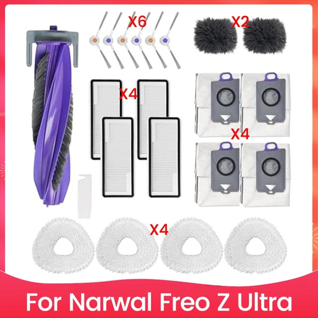 Para la Aspiradora Robot Freo Z Ultra: 1 Cepillo Principal, 6 Cepillos Laterales, 4 Filtros HEPA, 4 Mopas, 4 Bolsas para Polvo y 2 Trapos para Zócalo.