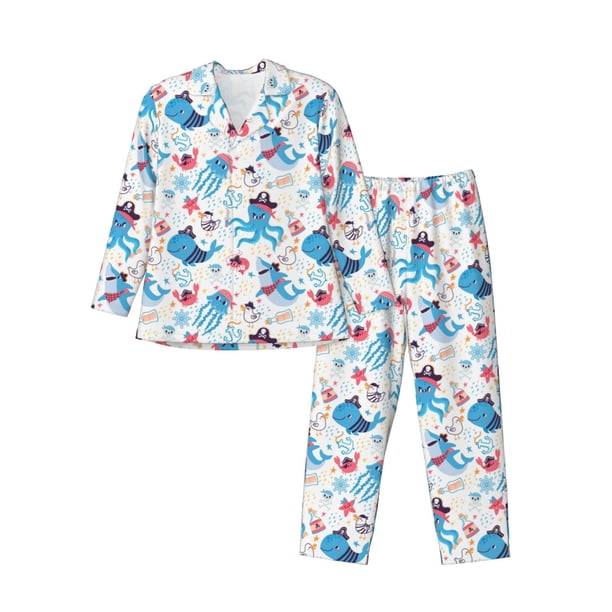 Fotbe Cute Shark Pijama de Hombre con Estampado de Manga Larga, Conjunto de 2 Piezas, Ropa de Dormir Suave y Cómoda con Bolsillos-X-Large