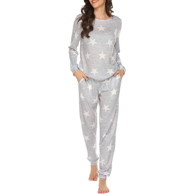 Conjunto de pijama para mujer, de manga larga, con estampado de estrellas, suave, con bolsillos