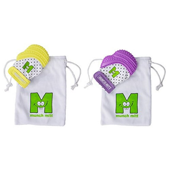 Malarkey Kids Munch Mitt, Baby Teether Bundle, 1 Yellow MINI & 1 Shimmer Purple Munch Mitt