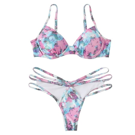 

absuyy Women Sexy Underwire with Chest Pad Gold-stamped Print Split Swimsuit Pink