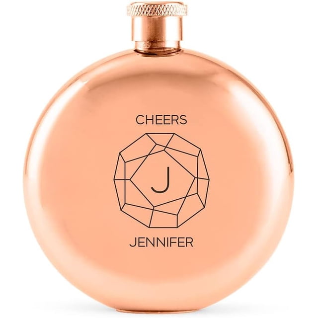 Weddingstar Customizable Rose Gold Stainless Steel Round Hip Flask \u2013 Gem Monogram Engraving
